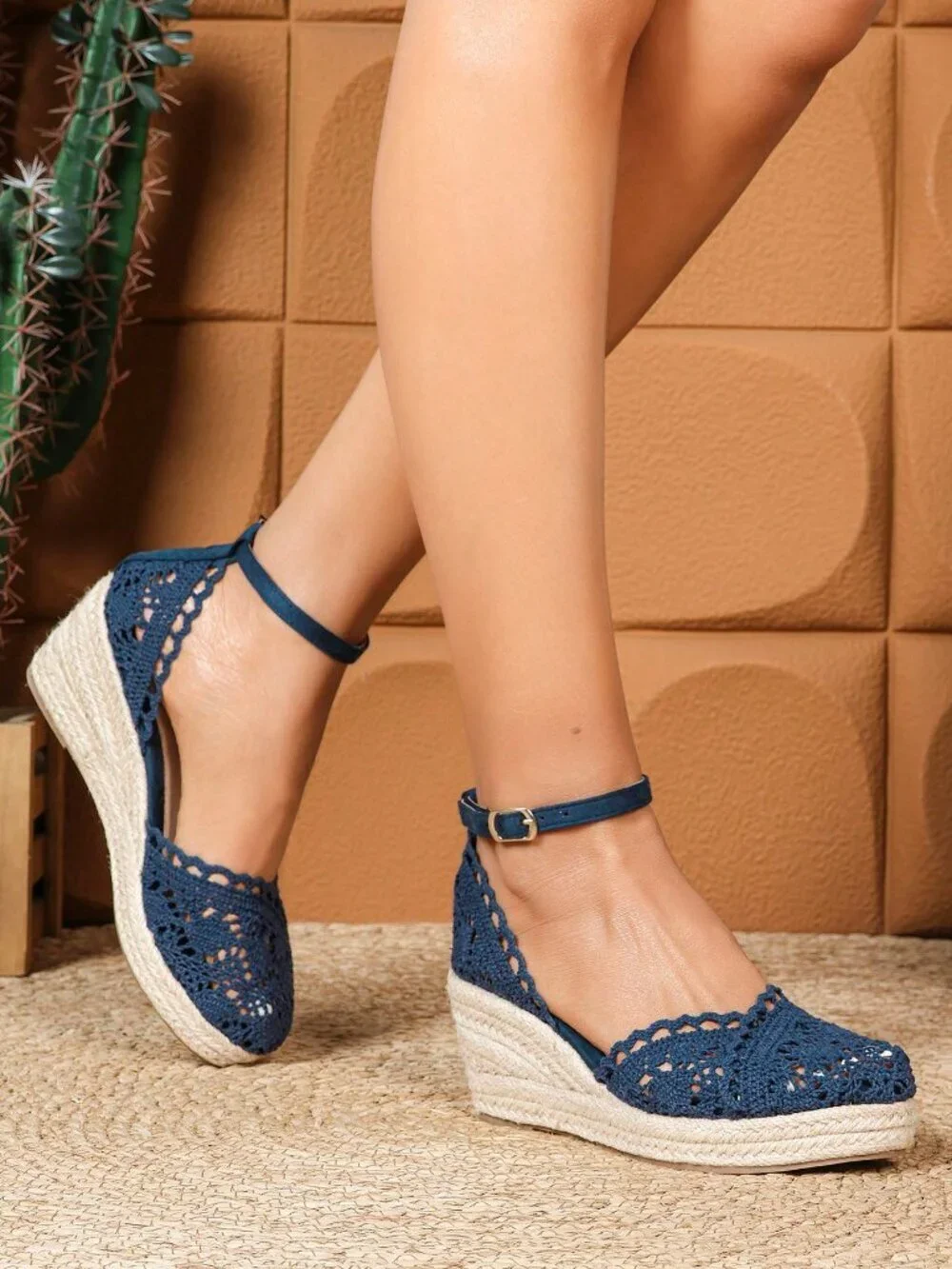 Blue Bohemian Women's Lace Platform Ankle Strap Wedge Heels